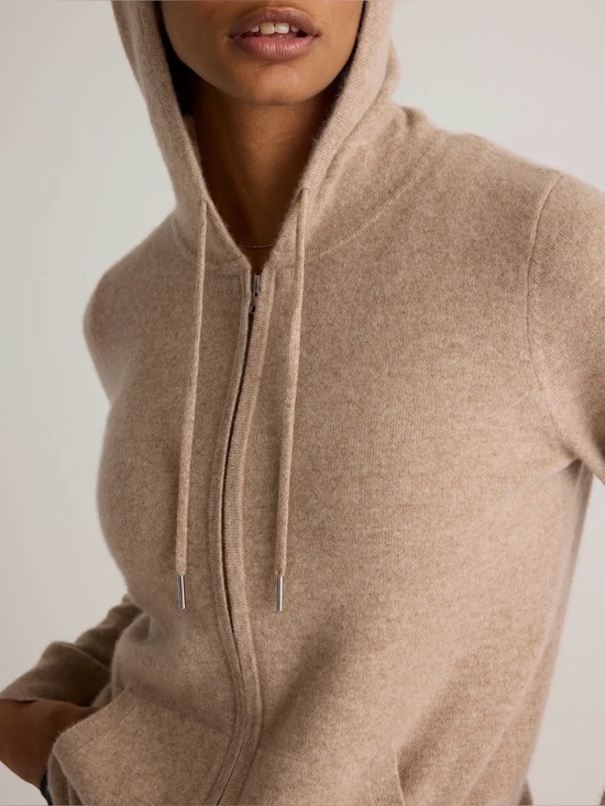 Quince Sweaters - Quince Mongolian Cashmere Full-Zip Hoodie Sweater Oatmeal Beige Size Small